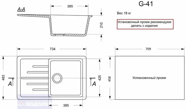 Мойка из искусств камня GrandAlliance G41 темно-сераяя 734х483мм квадр с крылом б/сифона