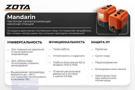 Насосная установка ZOTA Mandarin H40 350В 95°С Hmax-45м Qmax-70л/мин с частот/регулир