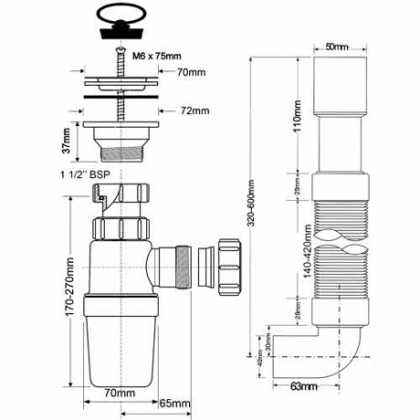 Сифон д/ум. d=1и1/4"x40/50 McAlpine P/S-образн бут с пробкой, гофрой MRSK9