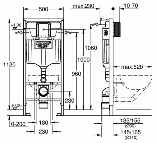 Модуль монтажный для унитаза подвесного GROHE RAPID SL (крепление к стене 38536001 с пневматической кнопкой квадрат, хром Skate Cosm 38732000)